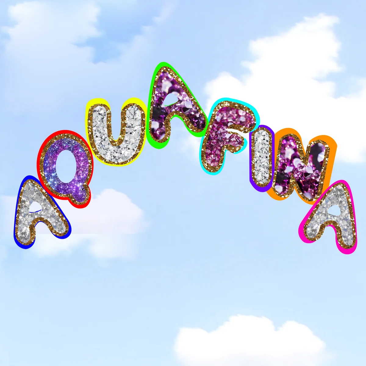 Letras infladas de glitter sobre un cielo azul con nubes