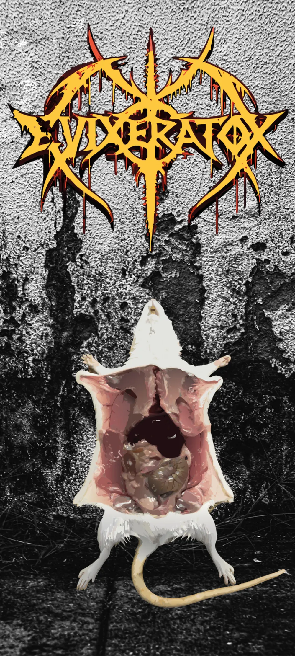 Logotipo death metal naranja goteando sobre una rata abierta