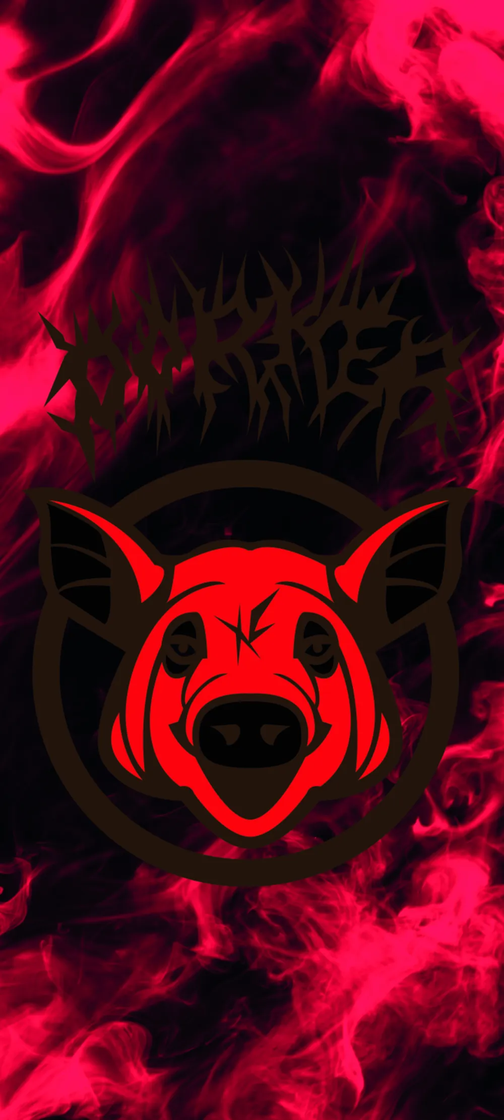 Cabeza de cerdo roja dentro de un círculo, humo rojo de fondo