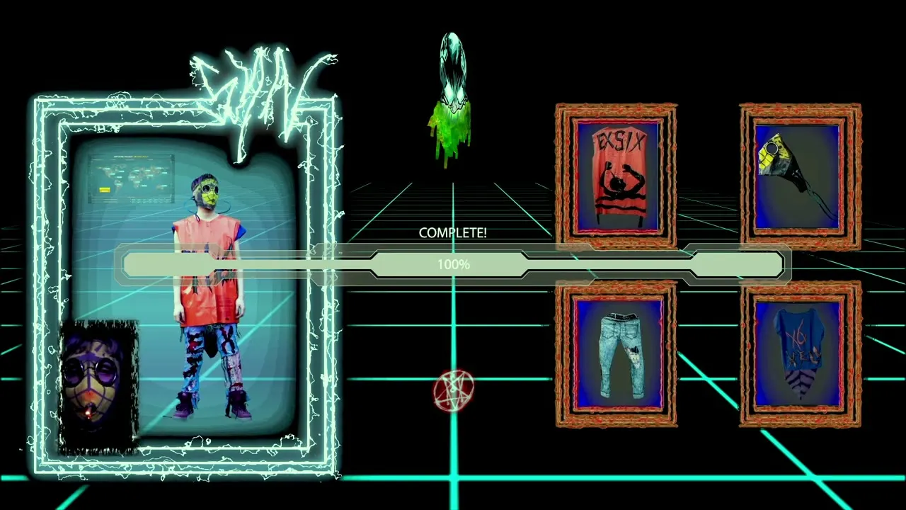 Interfaz de videojuego con el inventario de ropa EXSIX sobre una rejilla