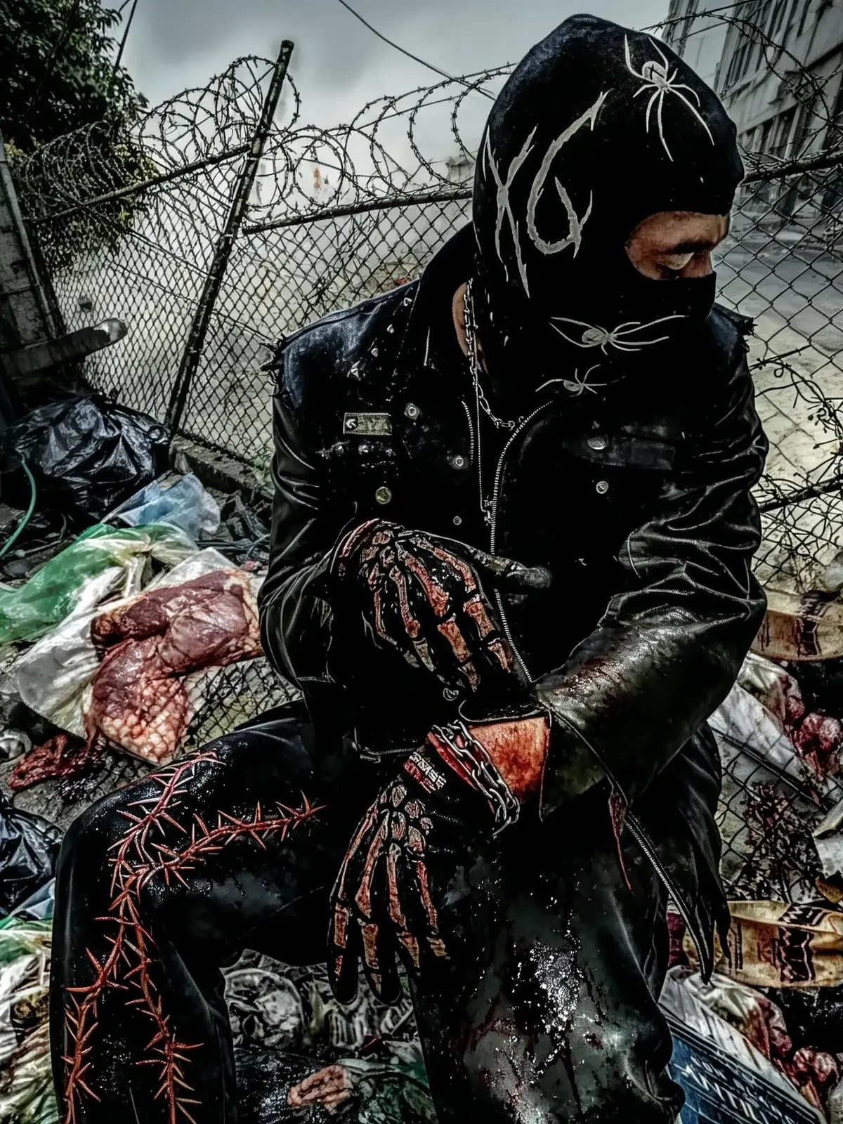 La misma figura con guantes de esqueleto y espinas rojas, junto a alambre de púas